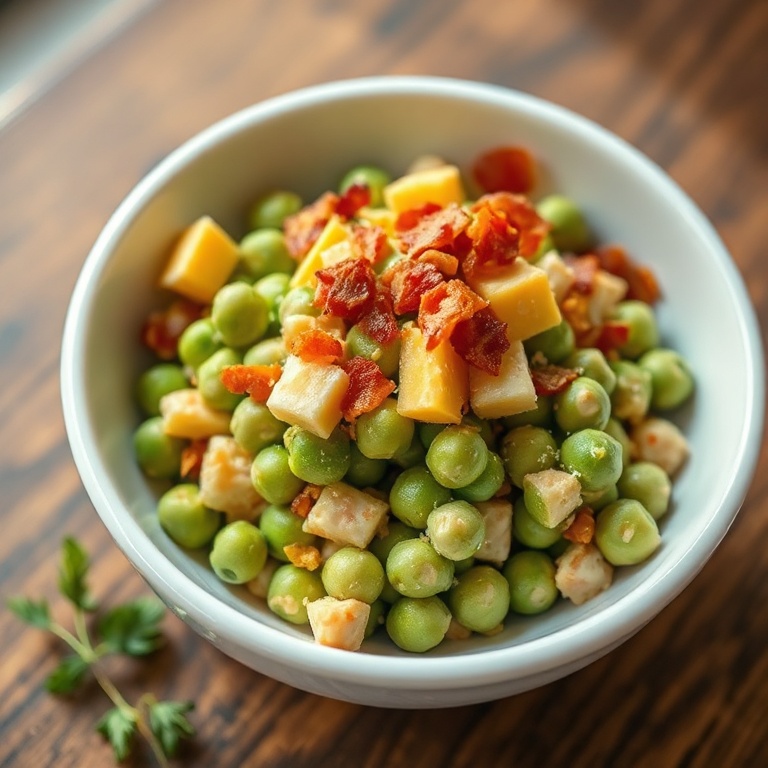 A single serving of pea salad in a white bowl. Fresh cheddar and bacon crumbles on top. Warm light highlights the texture.