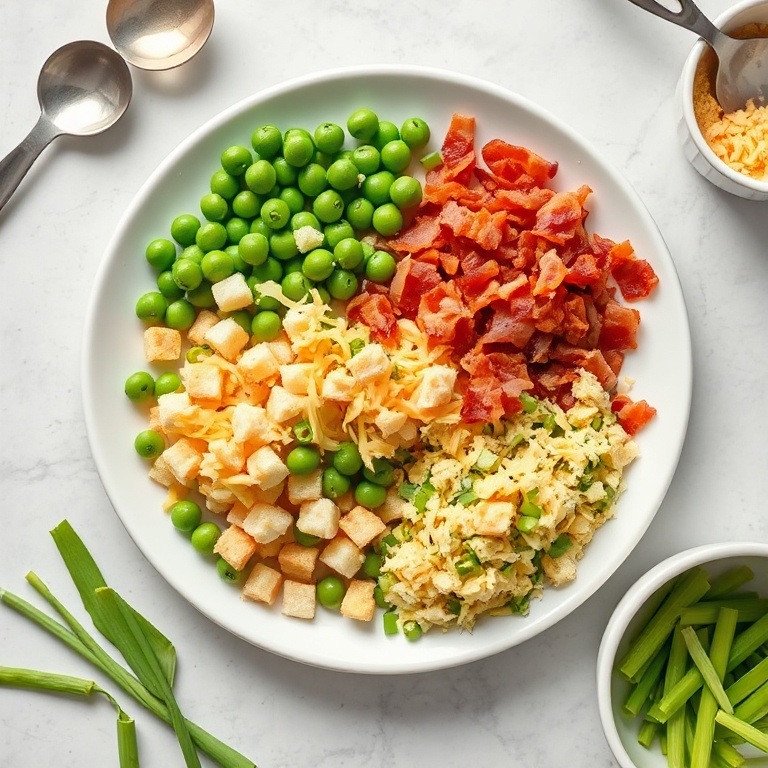 Fresh peas, crumbled bacon, shredded cheddar, croutons, and green onions arranged on a white plate. Measuring spoons and bowls nearby.