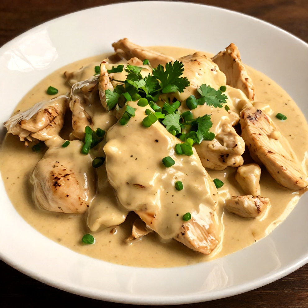 Plated coconut chicken with garnish