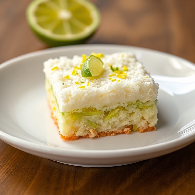 Perfectly plated coconut lime bar. Topped with lime zest. White ceramic plate. Warm lighting showing texture. Photorealistic food photography. No text. No watermark.