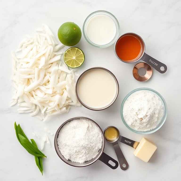 Fresh coconut flakes, lime juice, sweetened condensed milk, flour, and butter arranged in a flat lay. Measuring spoons and cups visible. White marble surface. Bright even light. Photorealistic food photography. No text. No watermark.
