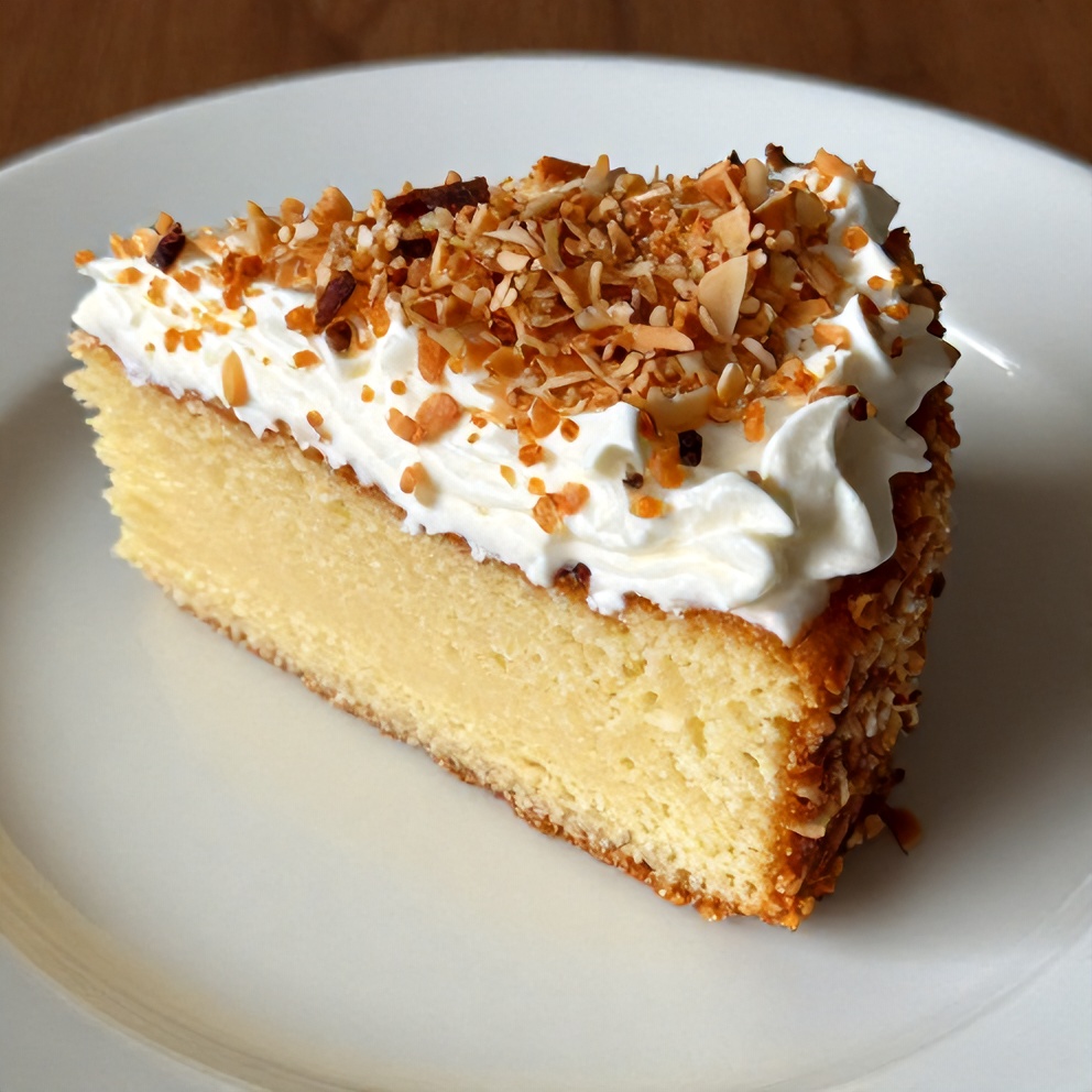 Sliced Easy Coconut Milk Snack Cake on a plate