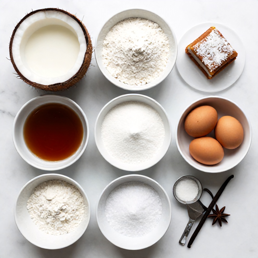 Ingredients for Easy Coconut Milk Snack Cake on a marble surface
