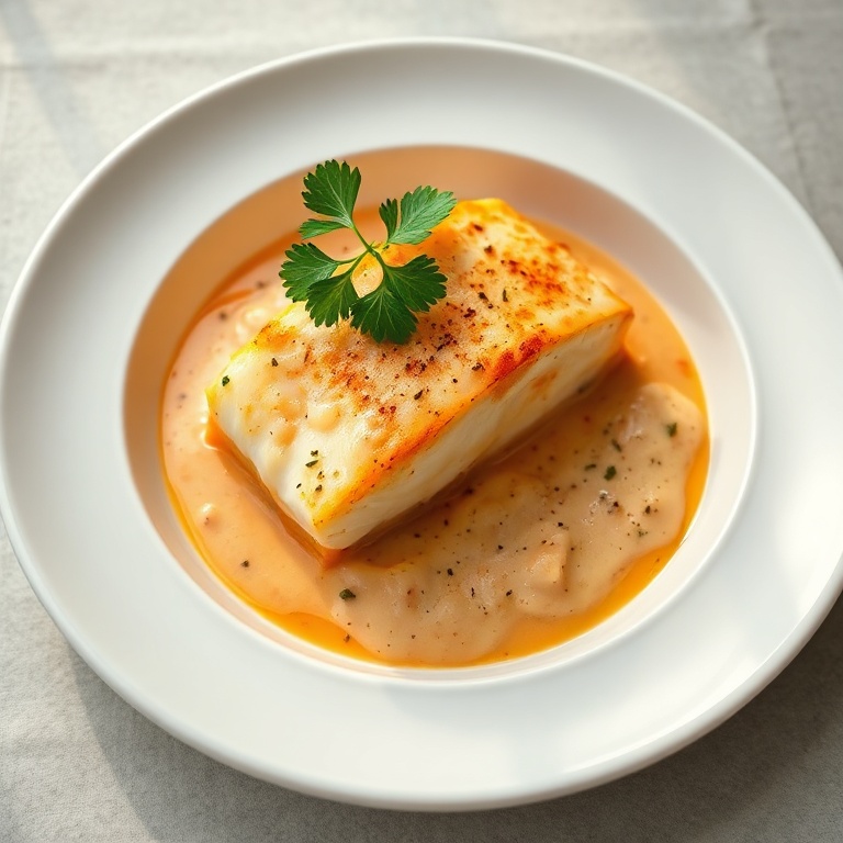 Finished creamy roasted red pepper cod plated