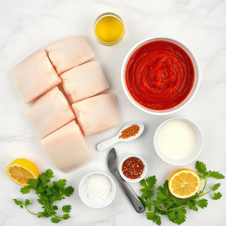 Raw ingredients for creamy roasted red pepper cod
