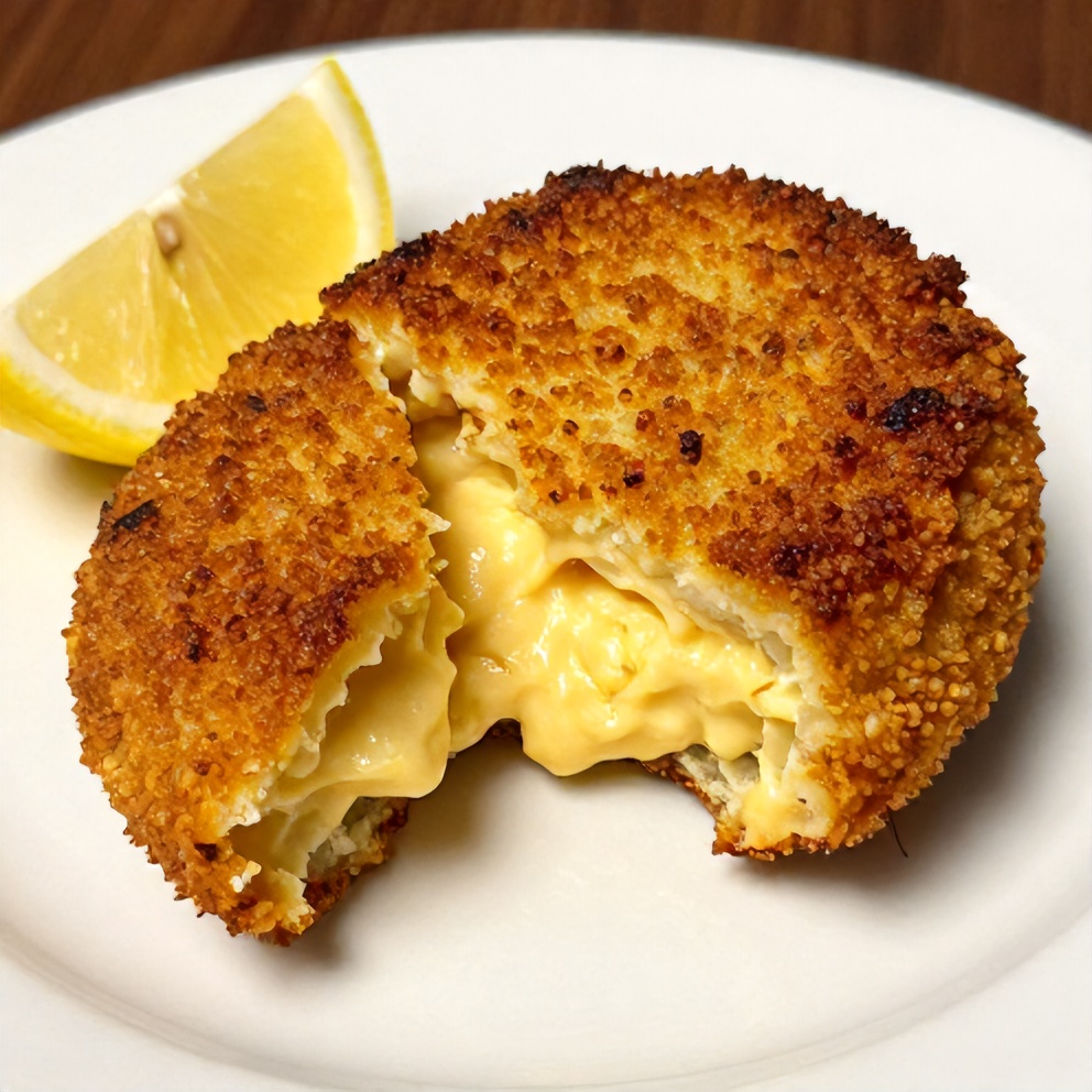 Plated Cornbread Stuffing Crab Cakes with lemon wedge