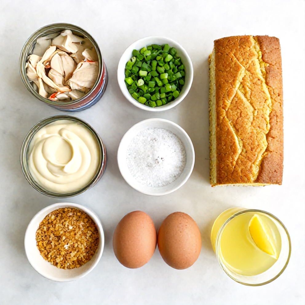 Raw ingredients for Cornbread Stuffing Crab Cakes on a marble surface