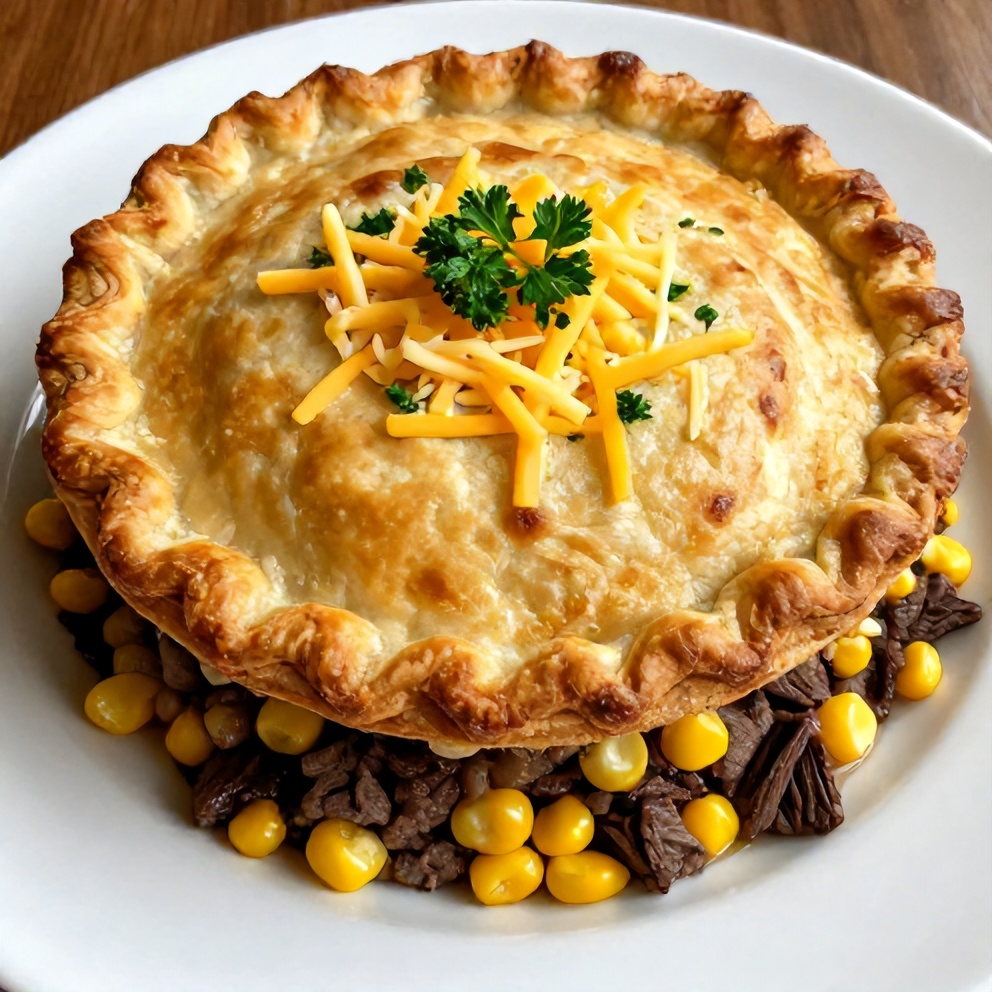 Easy Corned Beef and Cabbage Pot Pie ready to serve