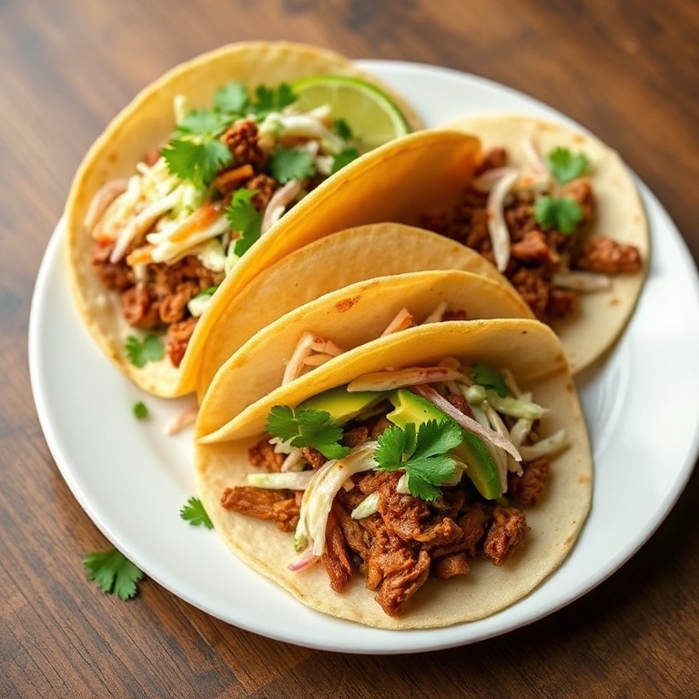 Perfectly plated corned beef tacos with slaw, avocado, and lime. Garnished with cilantro on a white plate.