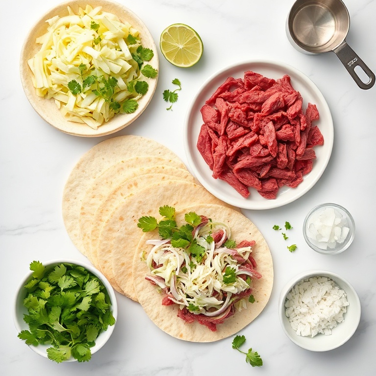 Fresh corned beef, shredded cabbage, lime, cilantro, tortillas, and onions arranged in a flat lay. Measuring cups and bowls nearby.