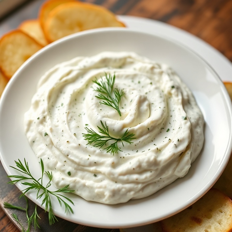 Plated cottage cheese herb dip. Garnished with dill and parsley. White ceramic bowl. Warm side lighting. Crisp and fresh.