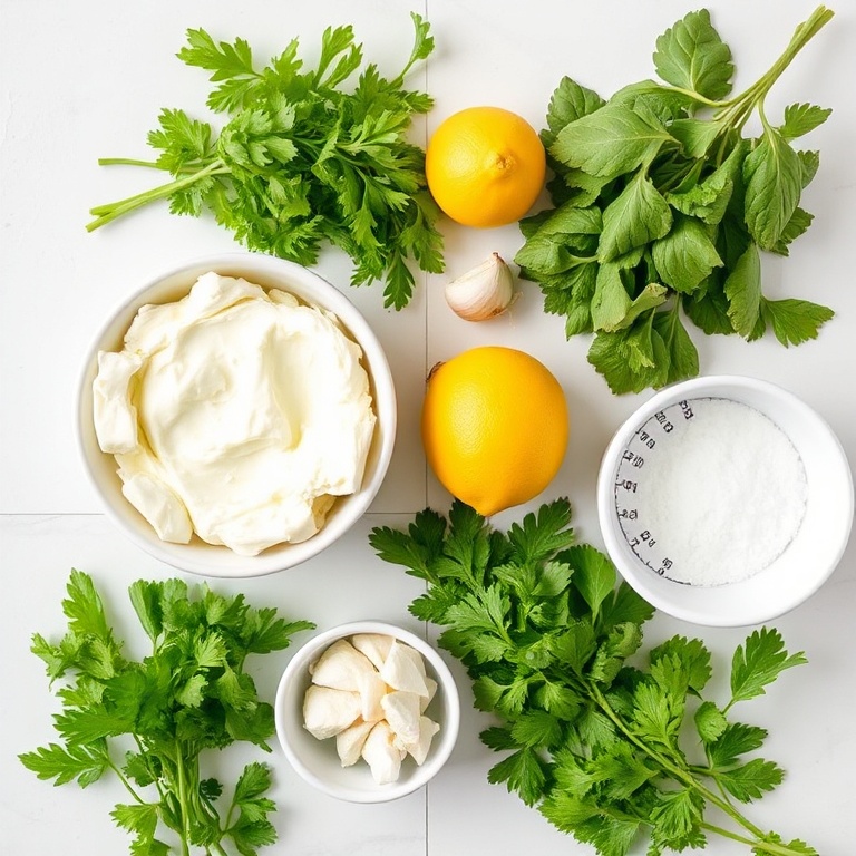 Raw ingredients for cottage cheese herb dip. Cottage cheese, fresh herbs, garlic, lemon, salt. Measuring cups and bowls on white surface.
