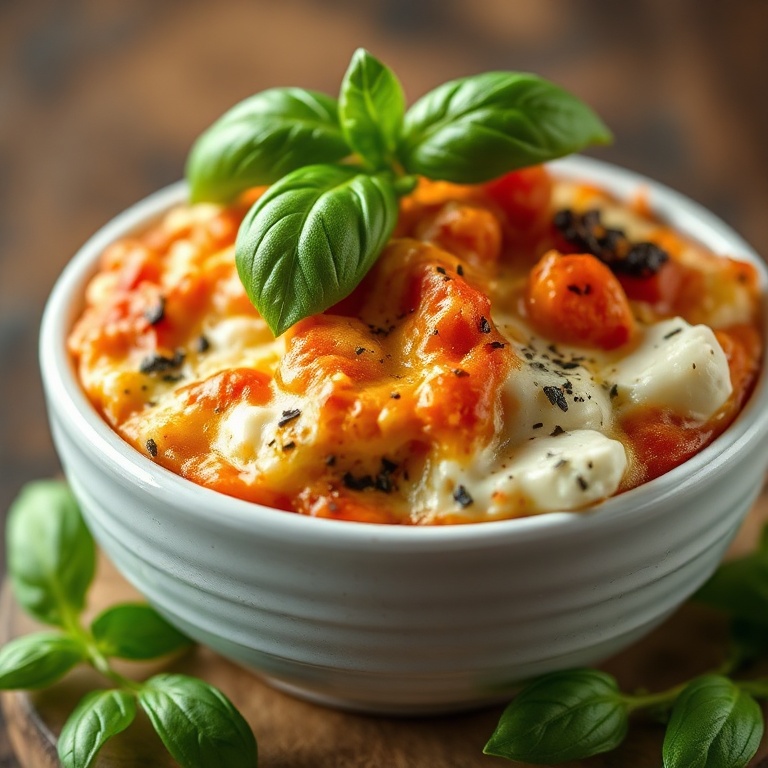 Cottage cheese pizza bowl with fresh basil on top