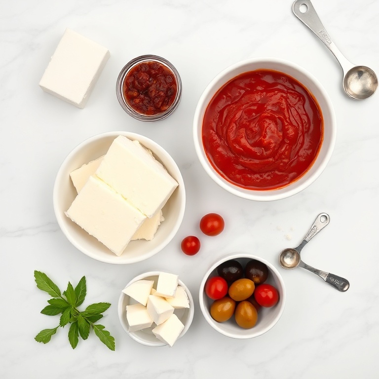 Cottage cheese, pizza sauce, mozzarella, cherry tomatoes, basil, and olives