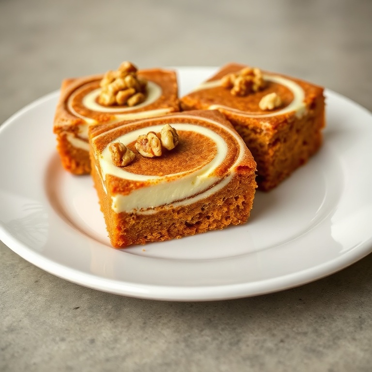 Perfectly sliced carrot cake bars on a white ceramic plate. Cream cheese swirl visible. Garnished with chopped walnuts.