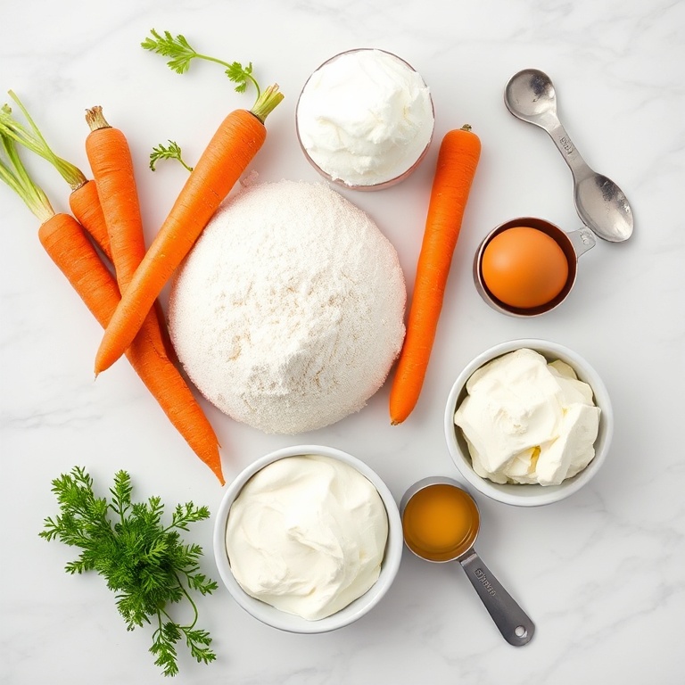 Fresh carrots, flour, sugar, eggs, and cream cheese arranged in an overhead flat lay. Measuring cups and spoons nearby on a white marble surface.