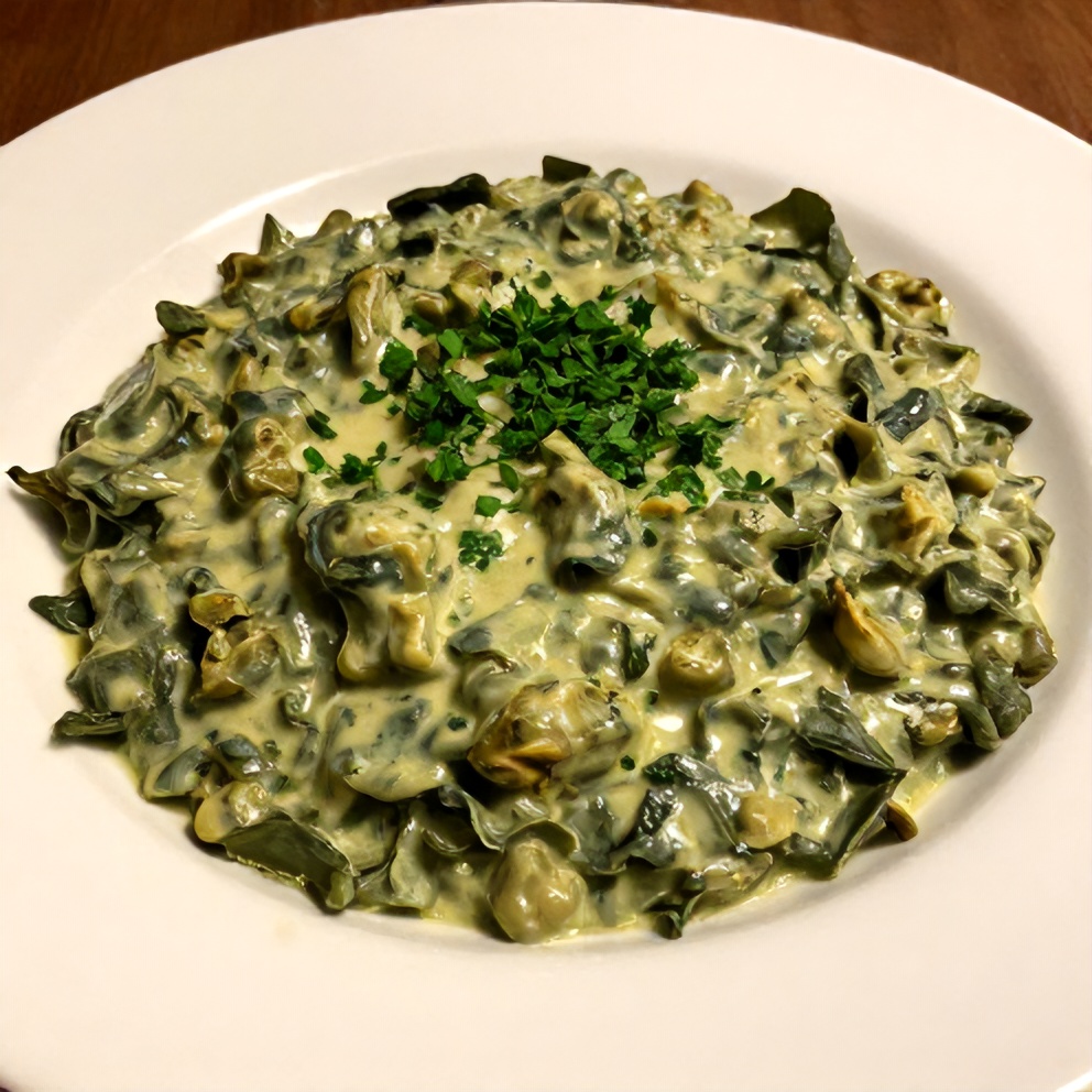 Plated creamed spinach and artichokes with a sprinkle of fresh parsley on a white plate, close crop with warm side lighting