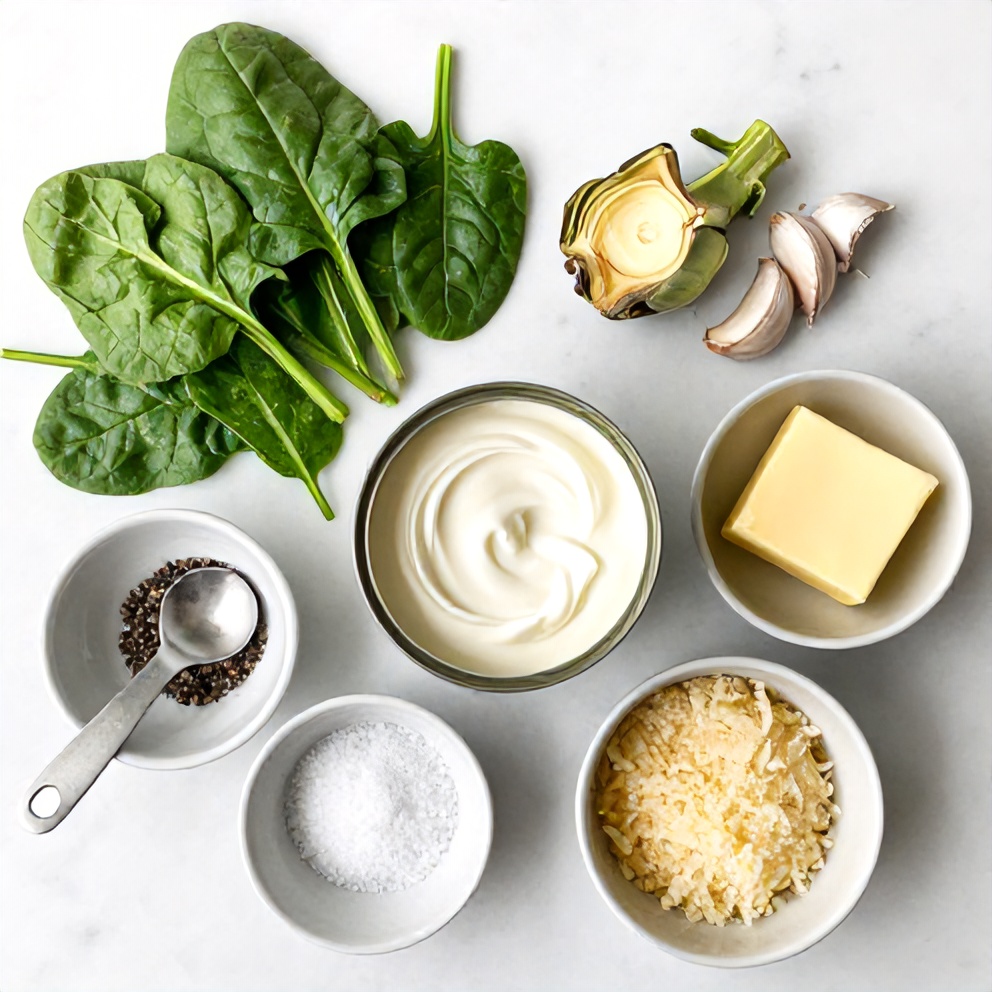 Raw ingredients for creamed spinach and artichokes: spinach, artichoke hearts, heavy cream, garlic, butter, salt, pepper, and Parmesan cheese on a white marble surface under bright even light