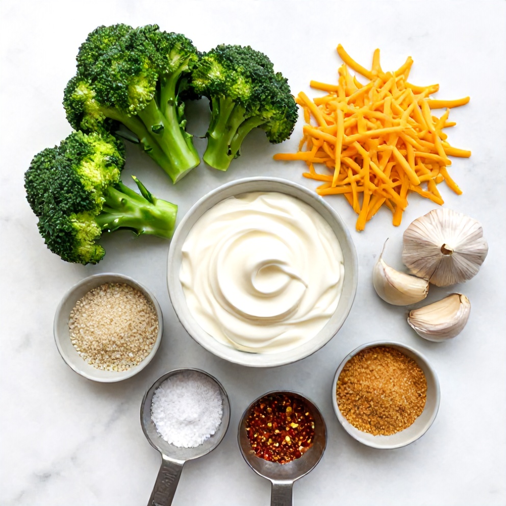 Broccoli, Quinoa, Cheese, Garlic, Onion, and Other Ingredients for Creamy Broccoli Quinoa Bake