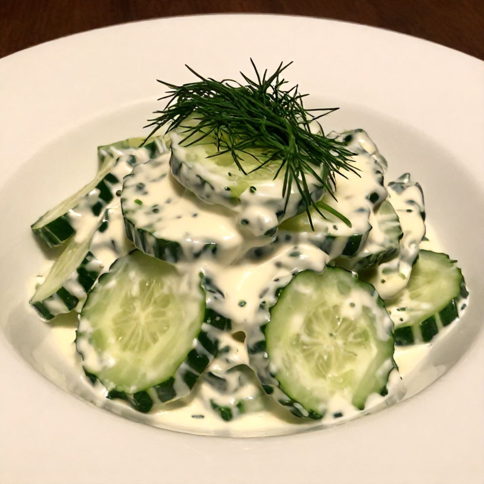 Plated creamy cucumber salad with fresh dill