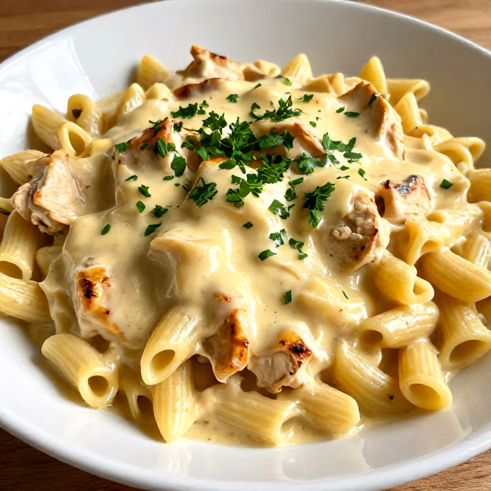 One perfect serving of Creamy Lemon Chicken Pasta Bake plated, garnished with fresh parsley, close crop, warm side lighting