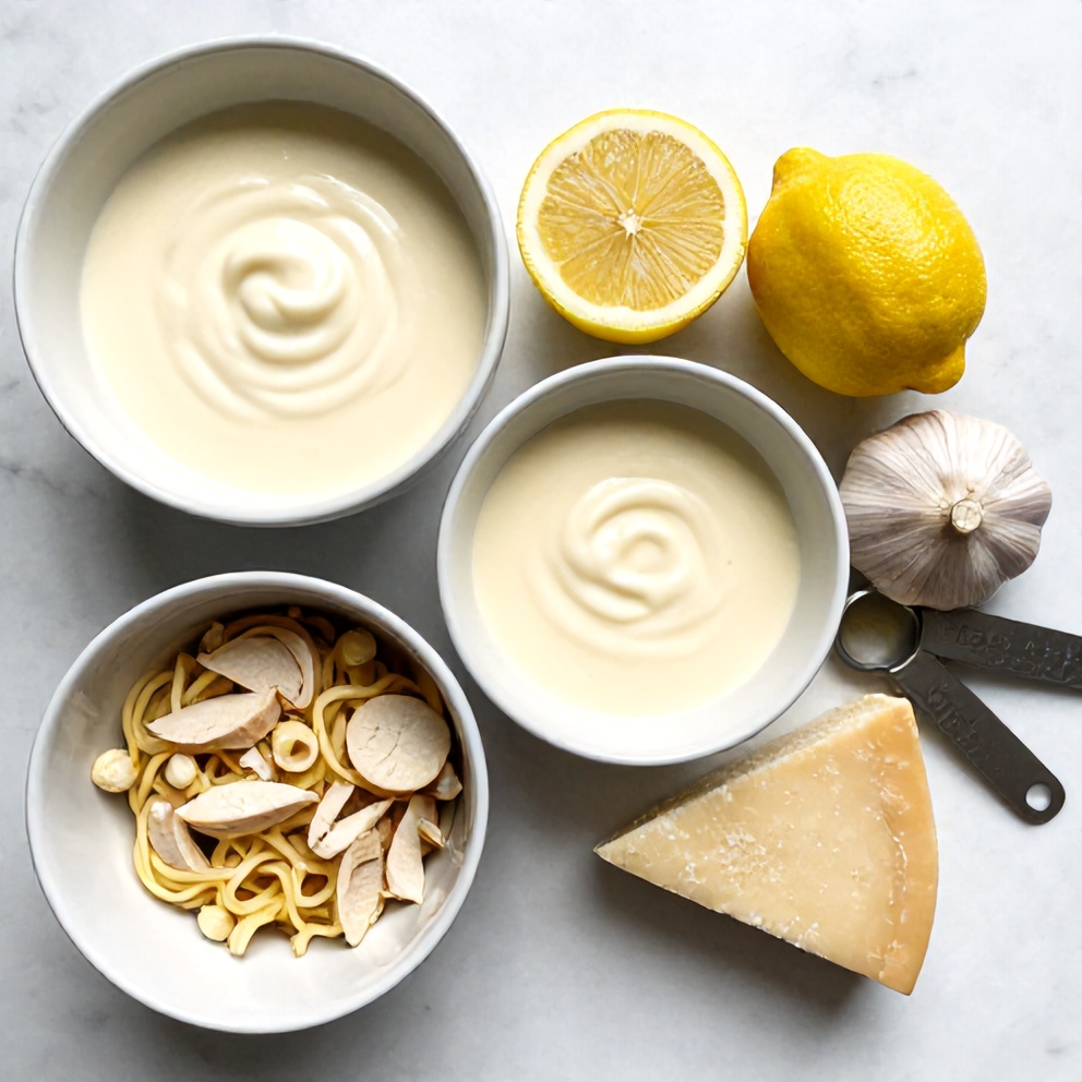 Raw ingredients for Creamy Lemon Chicken Pasta Bake arranged in an overhead flat lay, bright even natural light, white marble surface