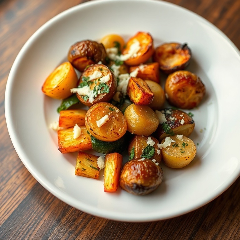 Perfect plated serving of roasted vegetables with a sprinkle of Parmesan and herbs. Close-up of a white ceramic plate. Warm side lighting shows texture.
