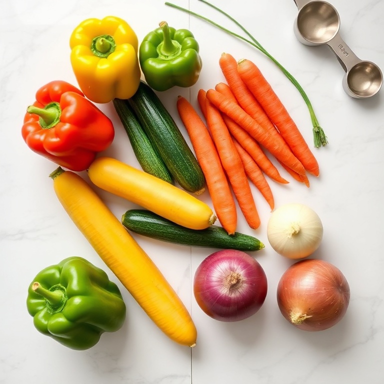 Fresh bell peppers, zucchini, carrots, yellow squash, and red onion arranged on a white marble surface. Measuring spoons and cups nearby. Bright even light.