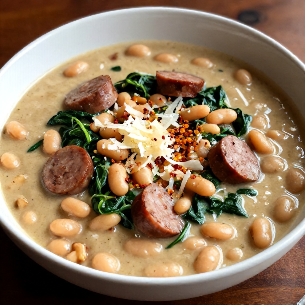 Plated serving of Creamy Tuscan White Bean Soup