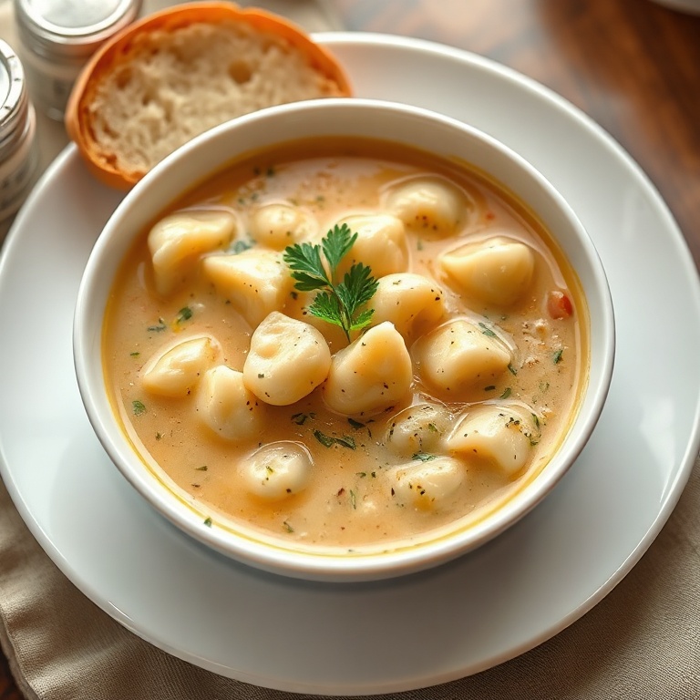 A bowl of creamy vegetarian gnocchi soup with a sprinkle of fresh parsley and a side of crusty bread. The soup is rich and comforting.