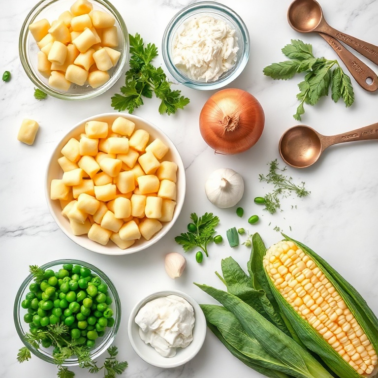 Fresh vegetables, gnocchi, and herbs laid out on a white marble surface. Measuring spoons and bowls are visible.