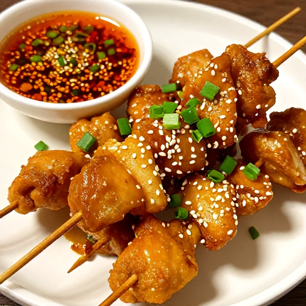 Plated bang bang chicken skewers with a side of spicy dipping sauce