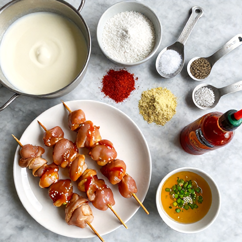Raw ingredients for bang bang chicken skewers on a marble countertop