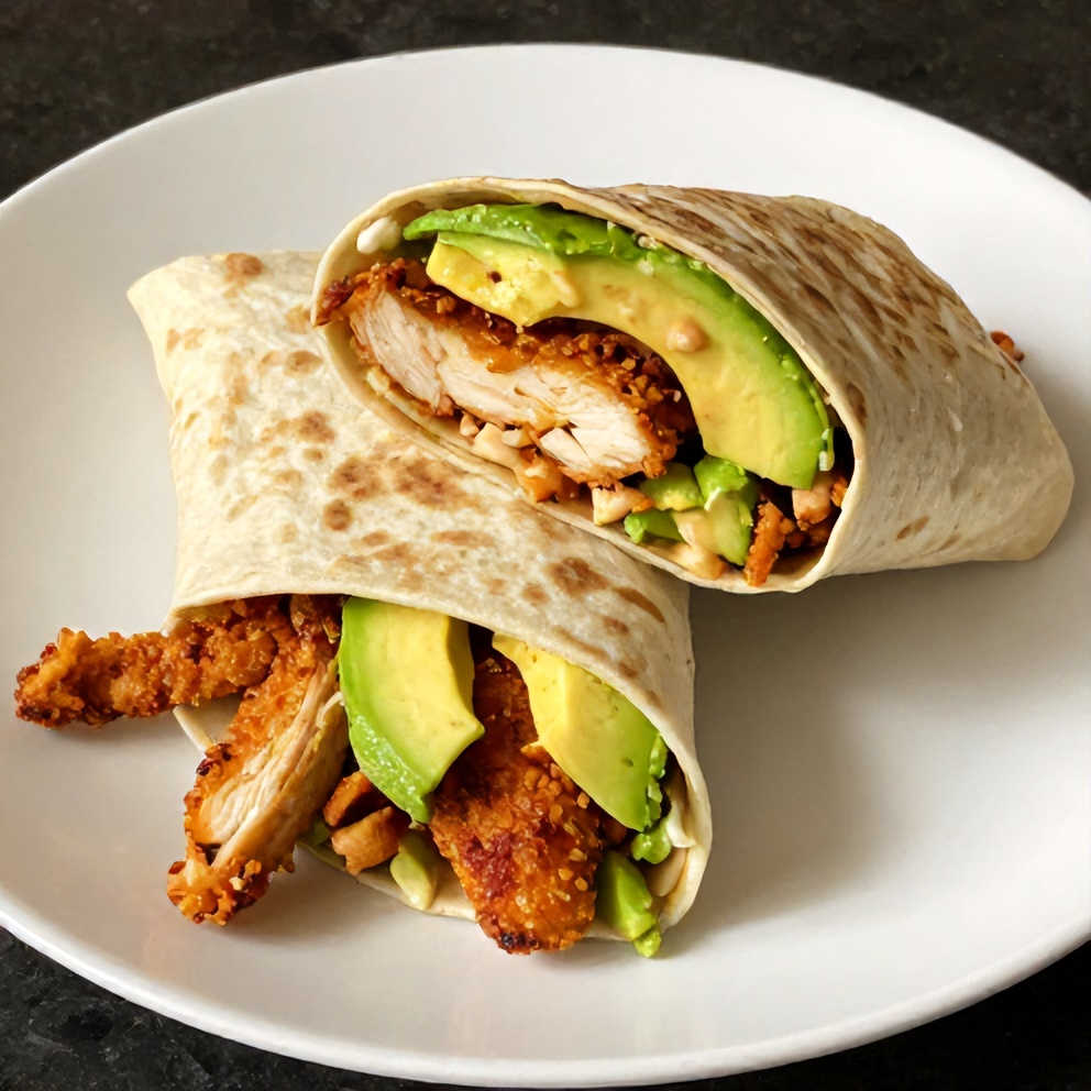 Chicken Avocado Wrap on a plate with a fork