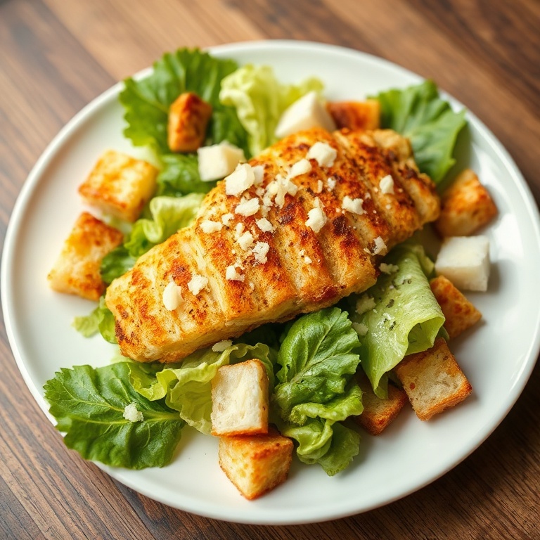Perfectly plated crispy chicken caesar salad with golden croutons and fresh parmesan on a white plate.