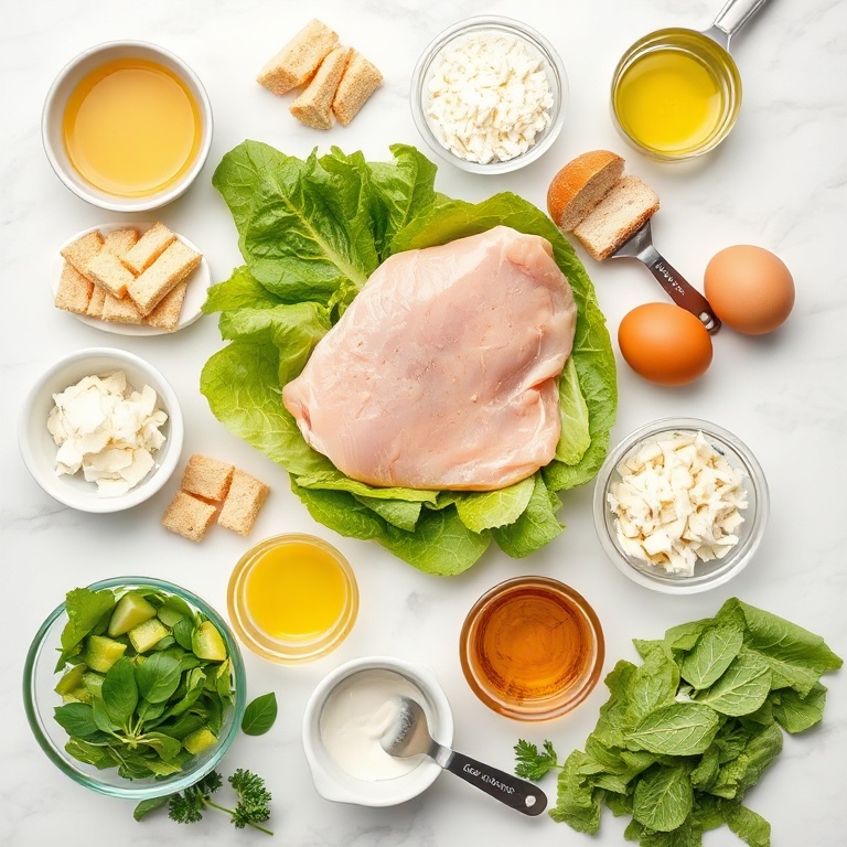All ingredients for easy crispy chicken caesar salad: chicken breast, romaine, croutons, parmesan, eggs, bread, olive oil, garlic, and dressing.