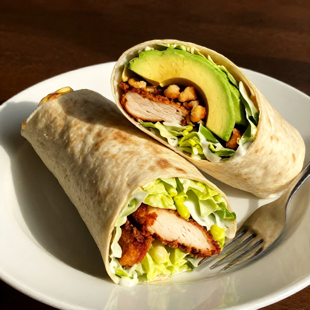 Chicken Caesar Wrap on a plate with a fork