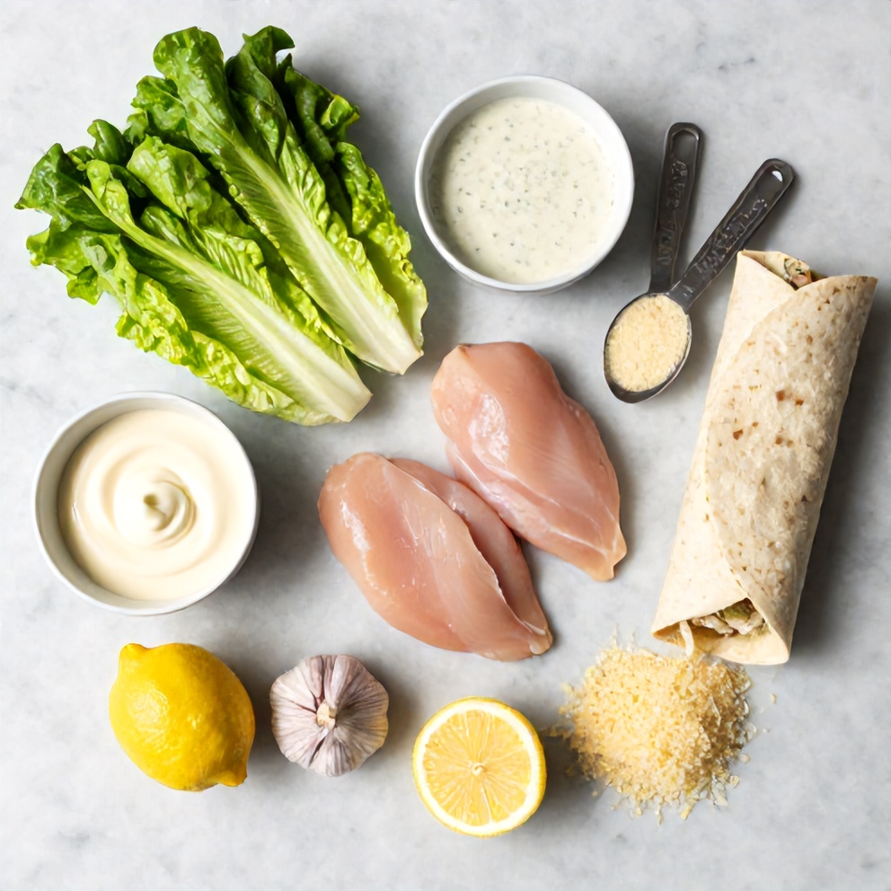 Raw ingredients for Chicken Caesar Wrap on a marble counter