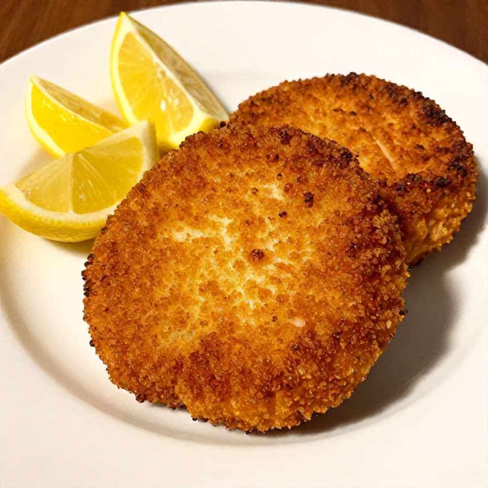 Plated salmon cakes with lemon wedges