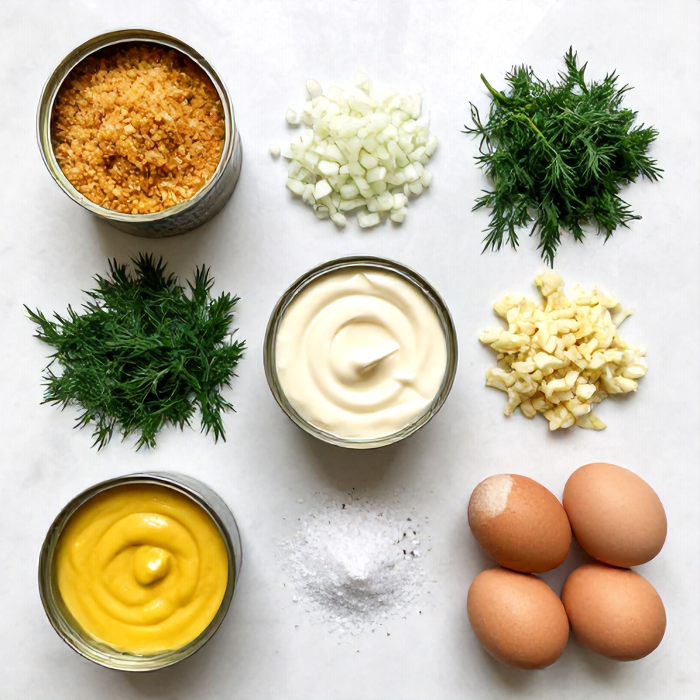 Raw ingredients for salmon cakes on a marble surface