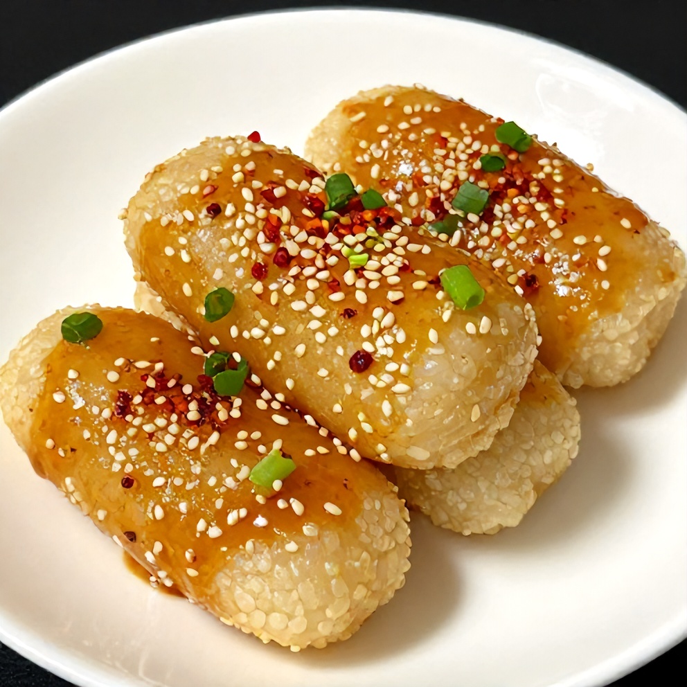 Plated Sweet Soy Butter Korean Rice Cakes on a white plate