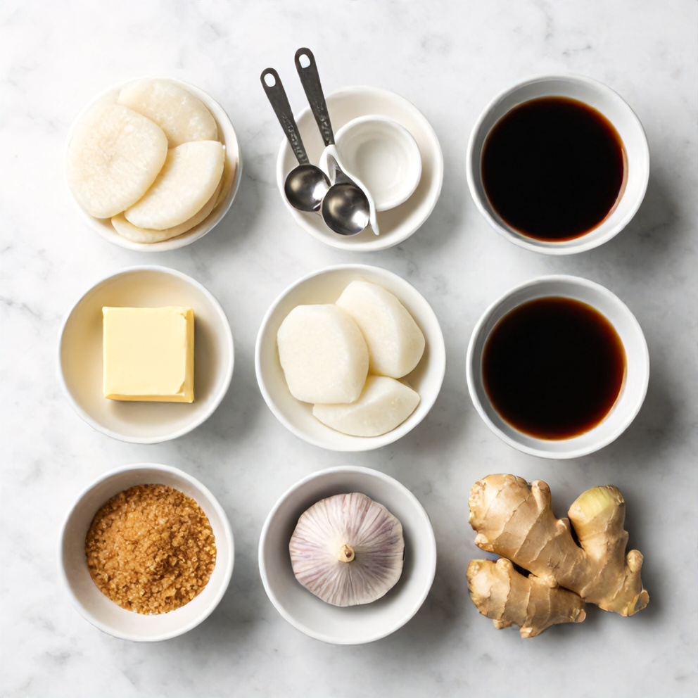 Raw ingredients for Sweet Soy Butter Korean Rice Cakes on a white marble surface