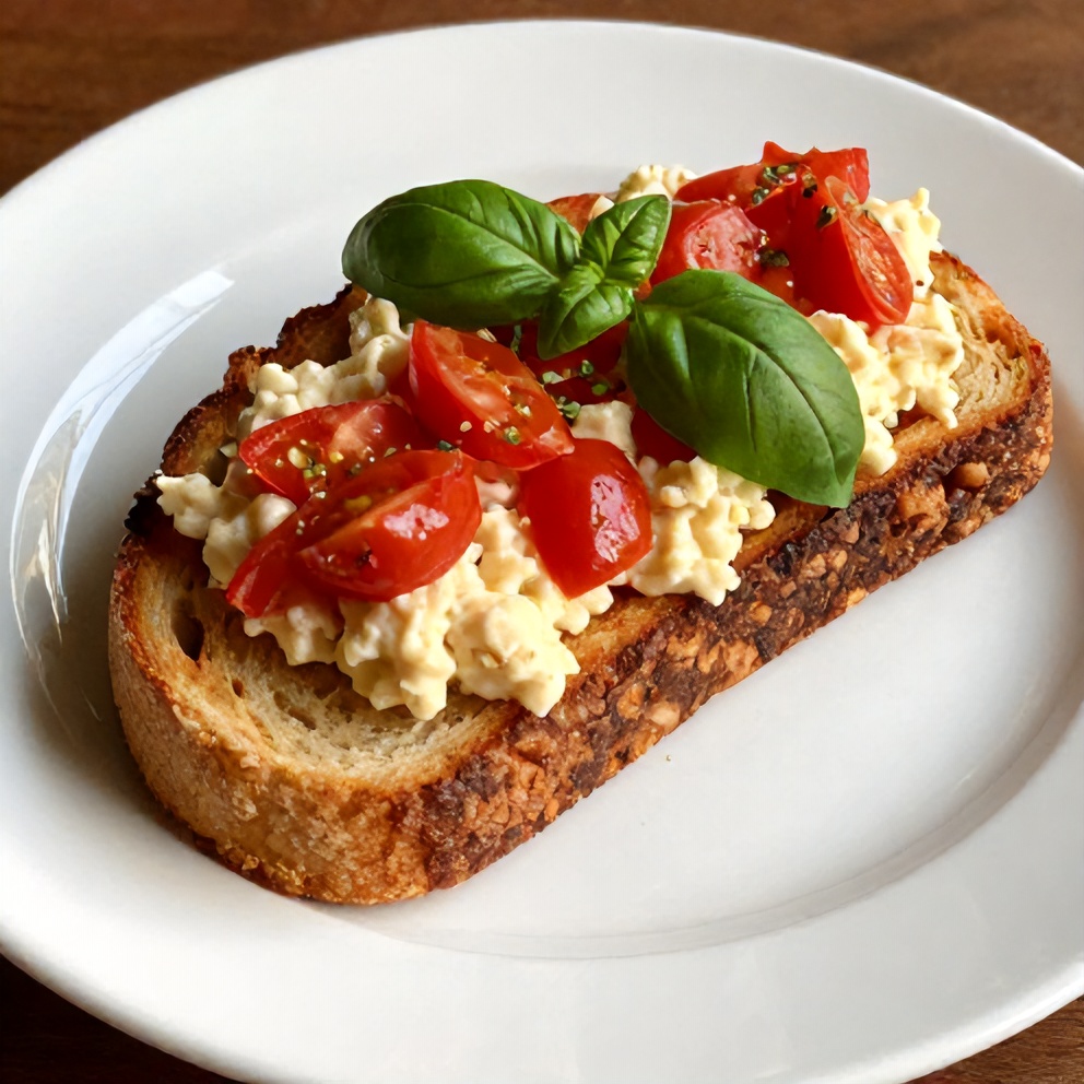Plated tomato cottage cheese toast with fresh basil