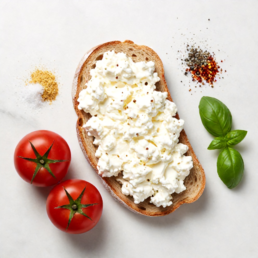 Raw ingredients for tomato cottage cheese toast on a marble surface