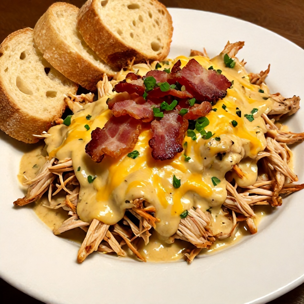 Plated serving of Crock Pot Crack Chicken with green onions and parsley