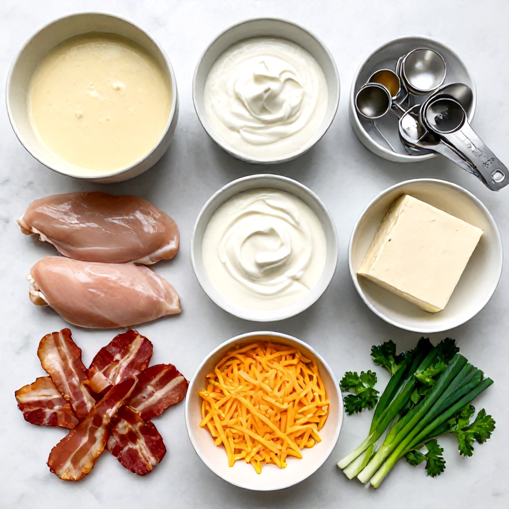Raw ingredients for Crock Pot Crack Chicken arranged in a flat lay