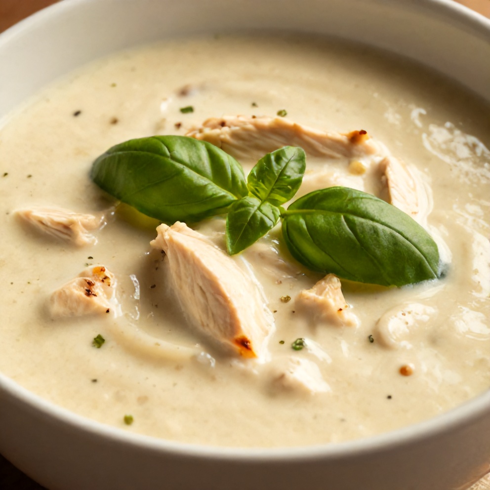 A bowl of creamy Chicken Parmesan Soup garnished with fresh basil