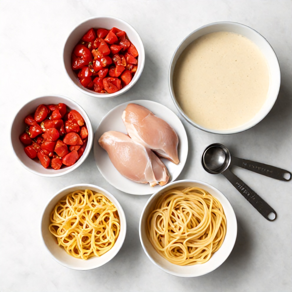 Raw ingredients for Chicken Parmesan Soup including chicken breasts, canned tomatoes, and cream of chicken soup