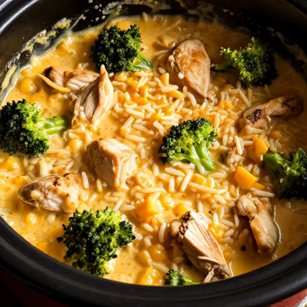 easy crockpot broccoli cheddar chicken and rice