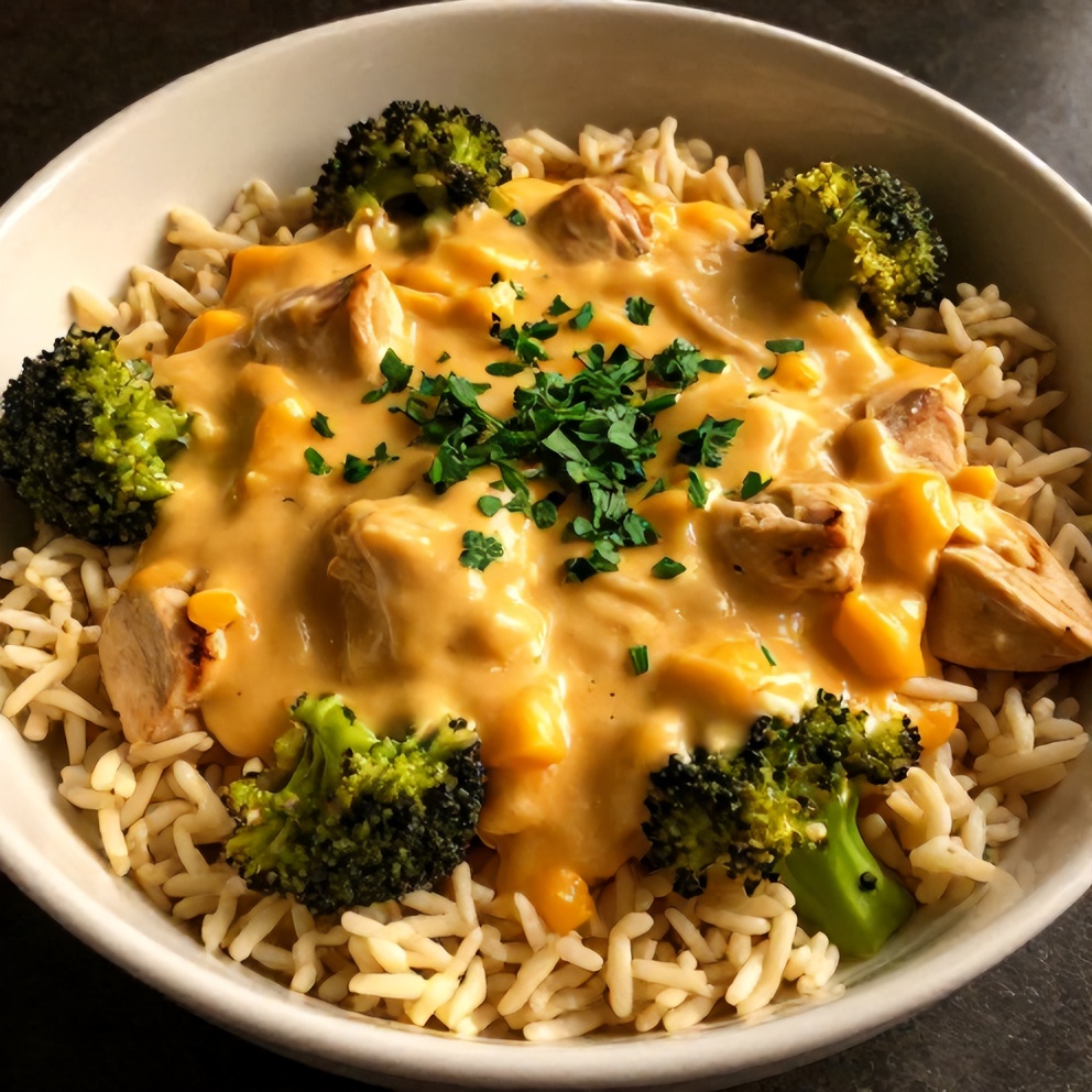 Plated Crockpot Broccoli Cheddar Chicken and Rice Dinner